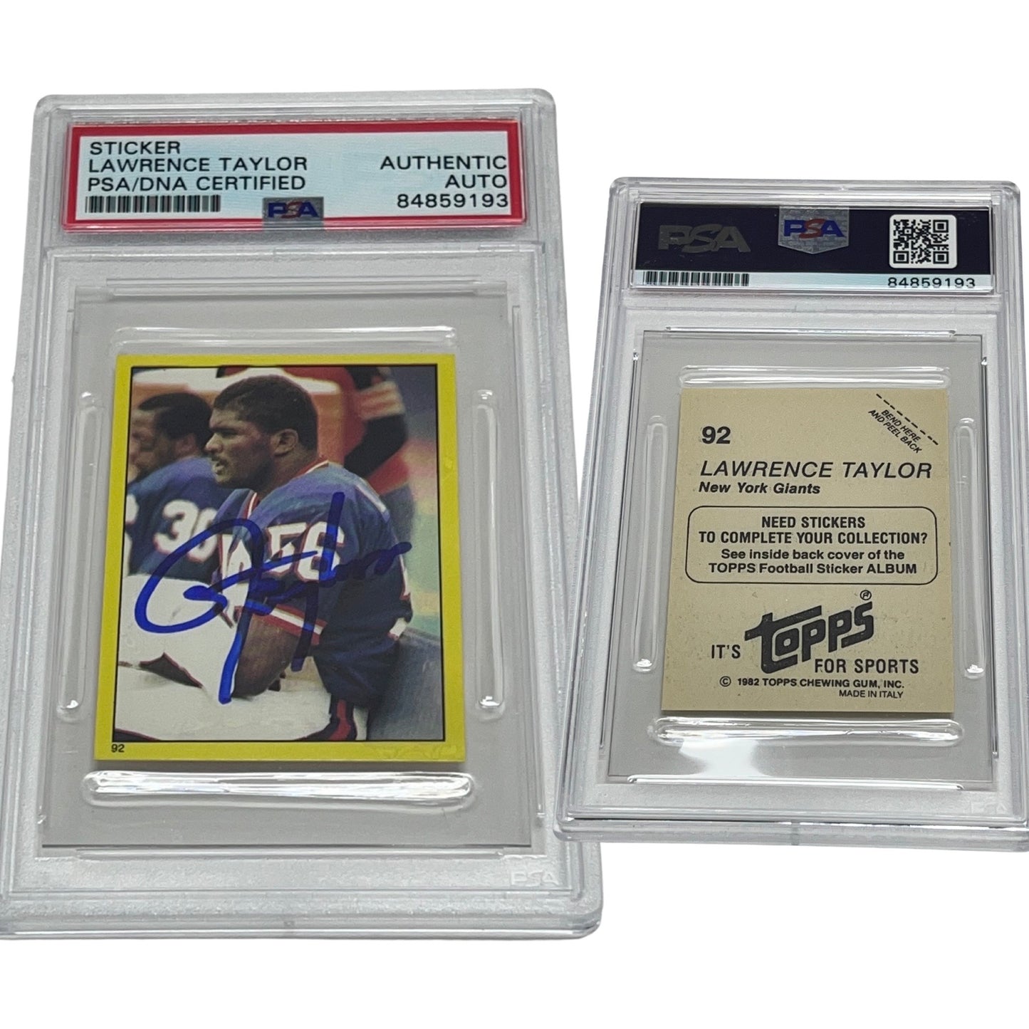 1982 Lawrence Taylor Topps Sticker Rookie Card #92 Autographed PSA Auto Authentic