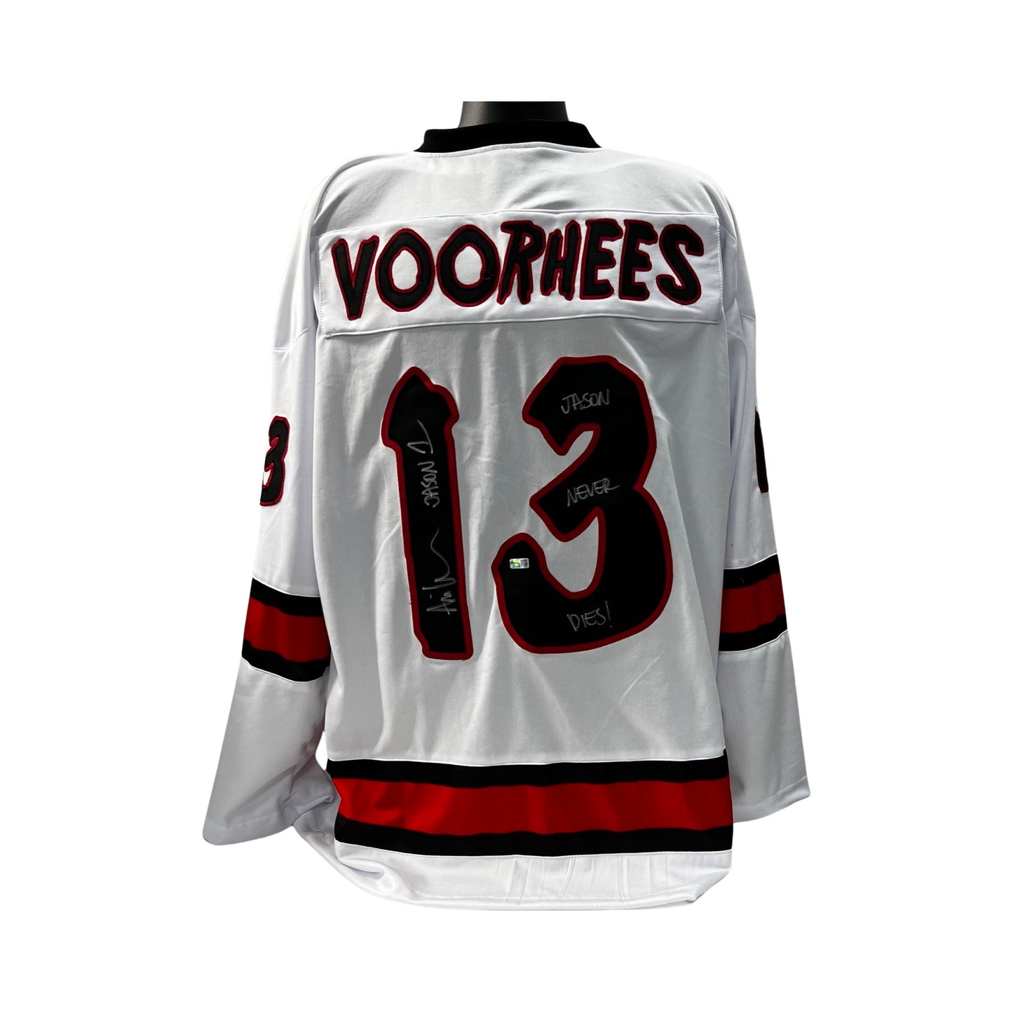 Ari Lehman Autographed Jason Voorhees Friday the 13th White Jersey Jason Never Dies!, Jason 1 Inscriptions Steiner CX