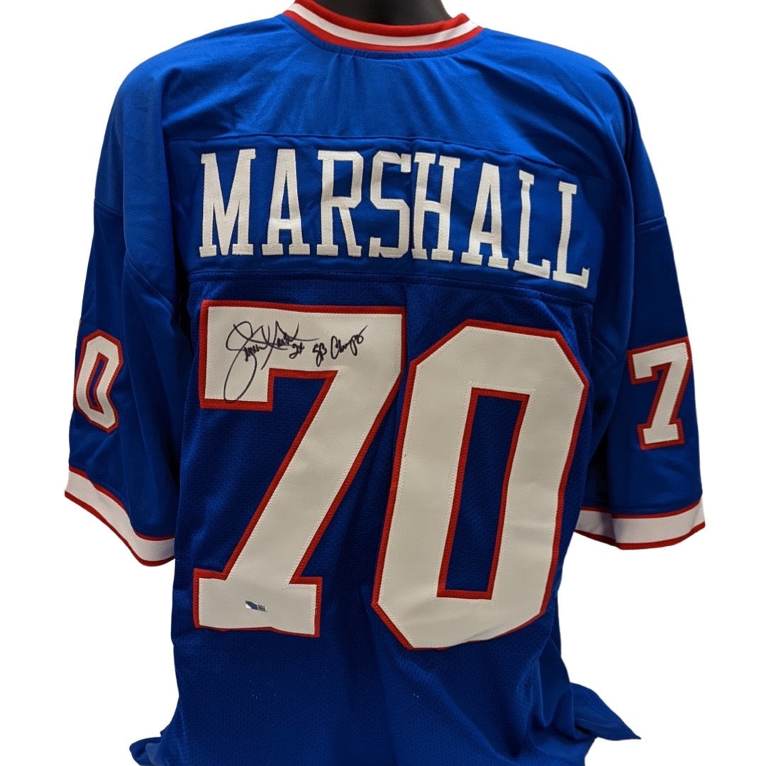 Leonard Marshall Autographed New York Giants Blue Jersey 2x SB Champ Inscription Steiner CX