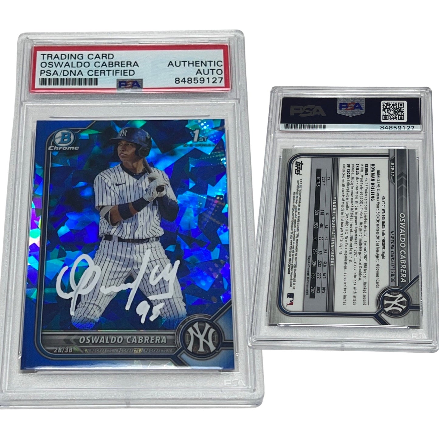 2022 Oswaldo Cabrera Bowman Chrome 1st Sapphire #BCP-17 Autographed PSA Auto Authentic