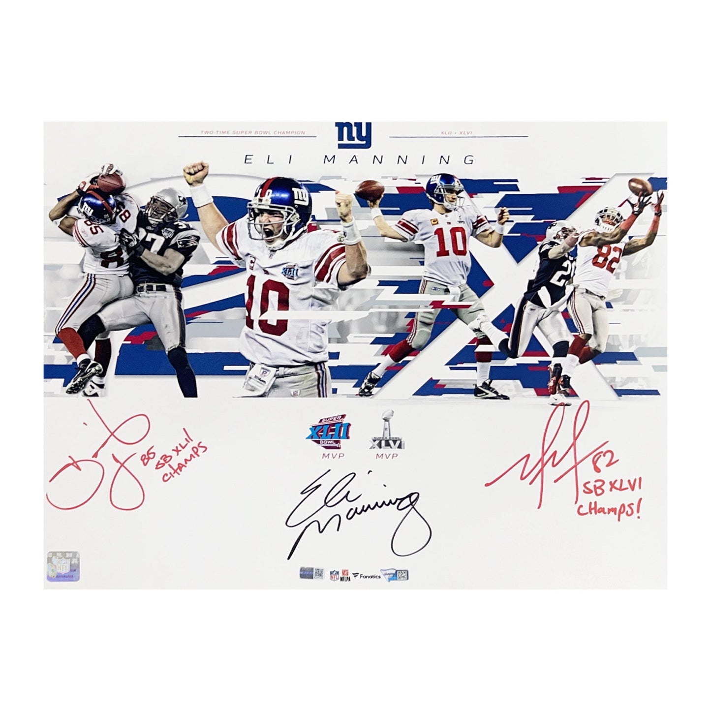 Eli Manning, David Tyree & Mario Manningham Autographed New York Giants 16x20 SB XLII Champs, SB XLVI Champs Inscriptions Fanatics & Steiner CX - Unframed