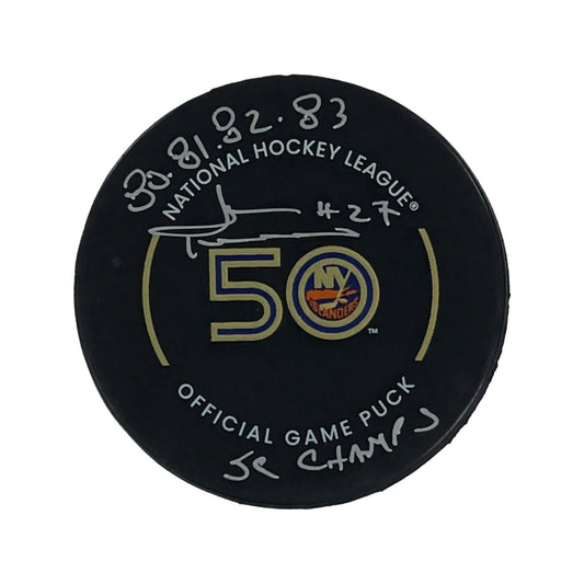 John Tonelli Autographed New York Islanders Official Game Puck 80 81 82 83 SC Champs Inscription Steiner CX