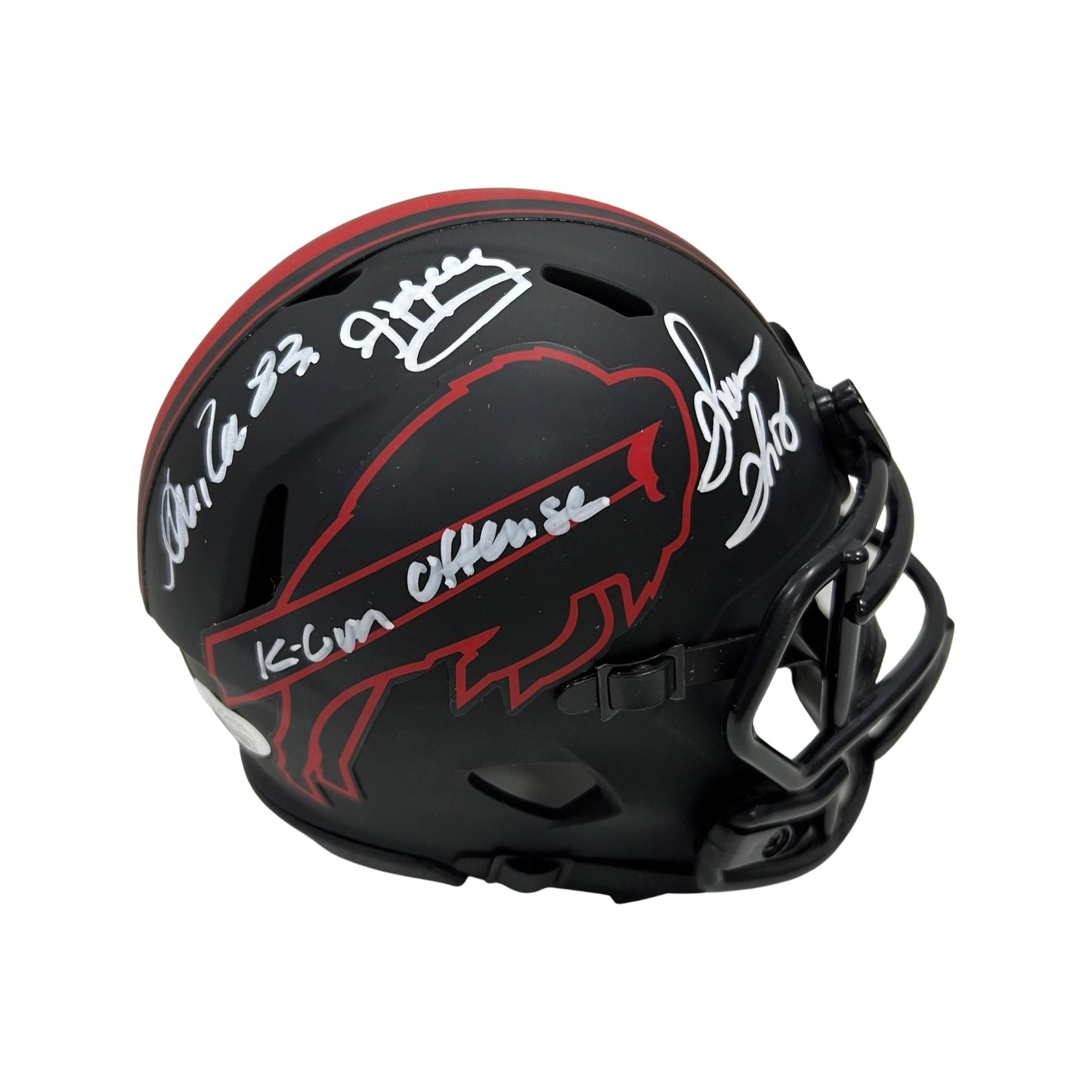 Jim Kelly, Thurman Thomas & Andre Reed Autographed Buffalo Bills Eclipse Mini Helmet K-Gun Offense Inscription JSA