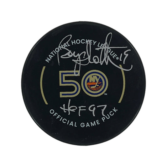 Bryan Trottier Autographed New York Islanders Official Game Puck HOF 97 Inscription Steiner CX