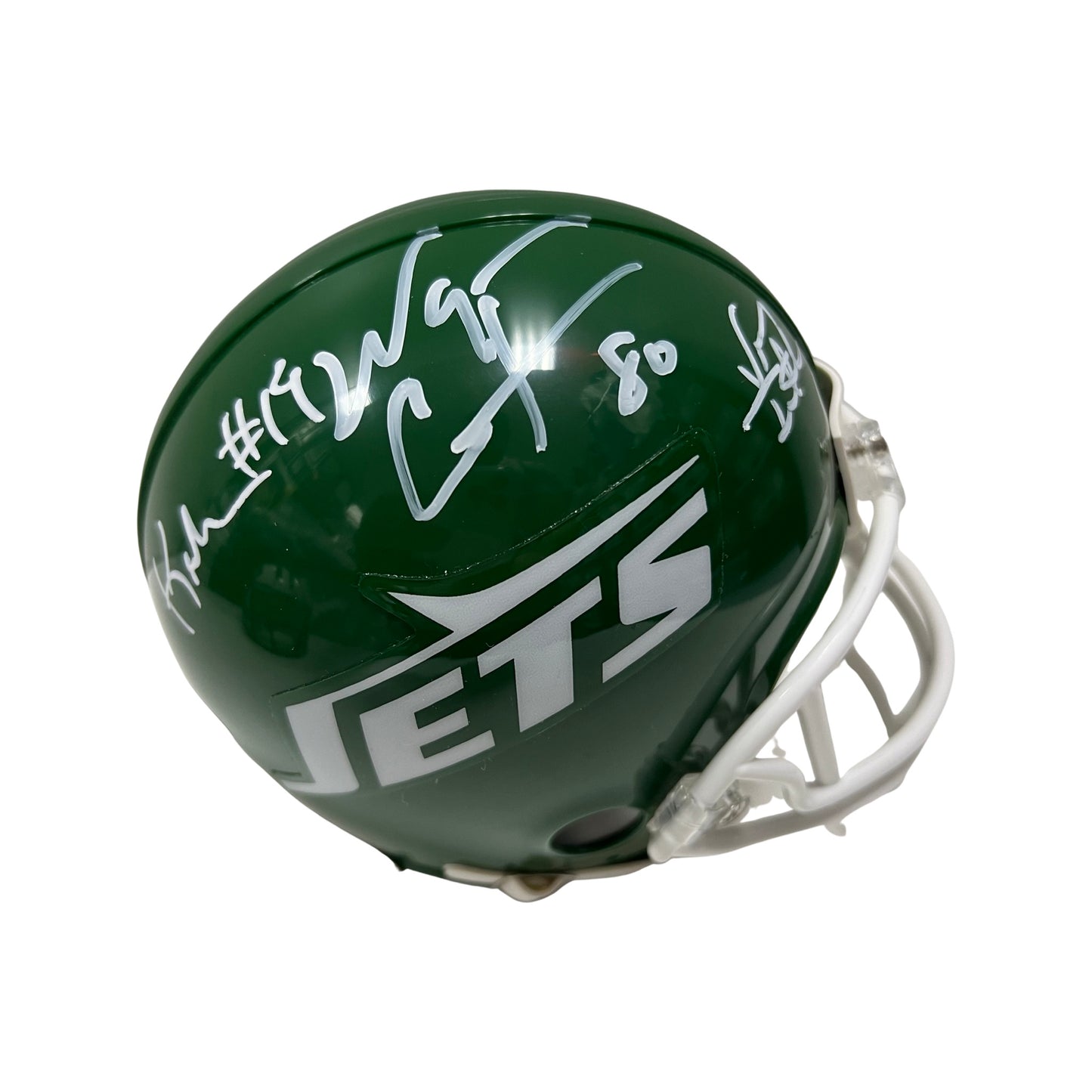 Wayne Chrebet, Keyshawn Johnson & Vinny Testaverde Autographed New York Jets Old School Green Mini Helmet JSA