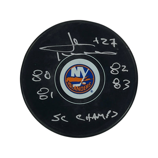John Tonelli Autographed New York Islanders Replica Puck 80 81 82 83 SC Champs Inscription Steiner CX