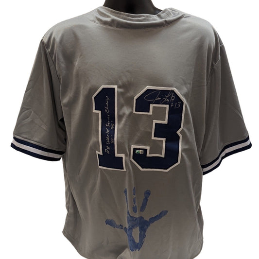 Jim Leyritz Autographed New York Yankees Grey Jersey w/ Handprint 2x World Series Champ 96, 99 Inscriptions Steiner CX