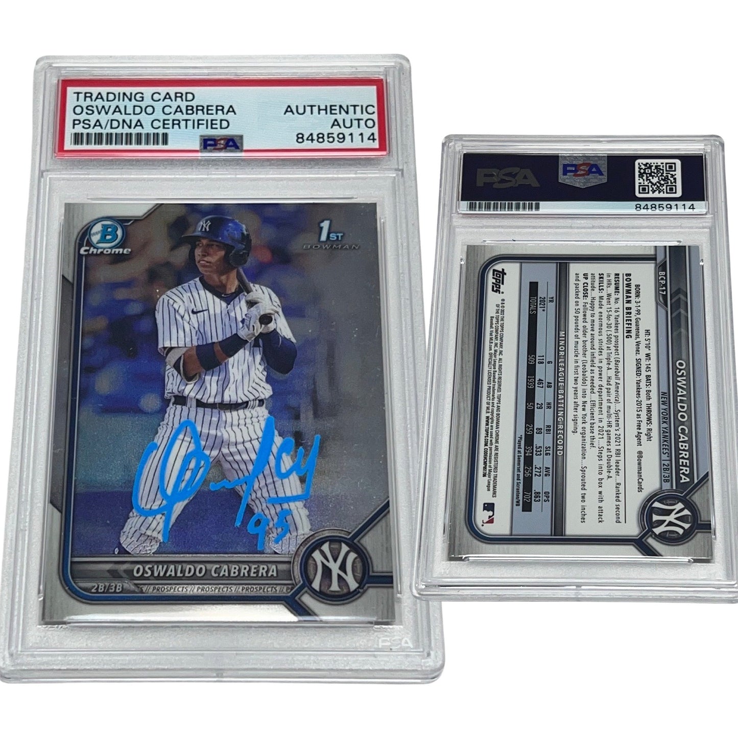 2022 Oswaldo Cabrera Bowman Chrome 1st #BCP-17 Autographed PSA Auto Authentic