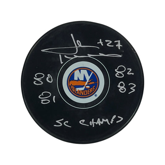 John Tonelli Autographed New York Islanders Replica Puck “80 81 82 83 SC Champs” Inscription Steiner CX