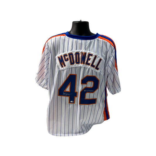 Roger McDowell Autographed New York Mets Pinstripe Jersey "86 WS Champs" Inscription Steiner CX
