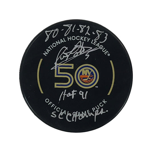 Denis Potvin Autographed New York Islanders Official Game Puck HOF 91, 80 81 82 83 SC Champs Inscriptions Steiner CX