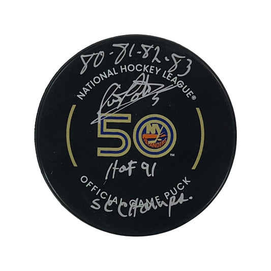 Denis Potvin Autographed New York Islanders Official Game Puck “HOF 91, 80 81 82 83 SC Champs” Inscriptions Steiner CX
