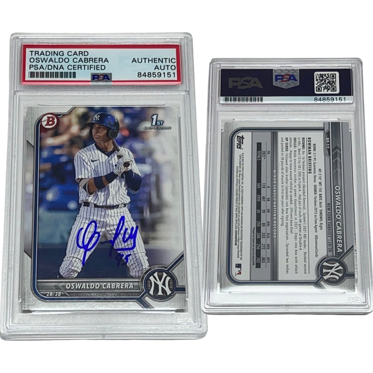 2022 Oswaldo Cabrera Bowman 1st #BP-17 Autographed PSA Auto Authentic