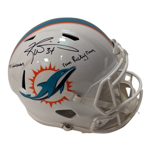 Ricky Williams Autographed Miami Dolphins Speed Replica Helmet 1998 Heisman, Run Ricky Run Inscriptions JSA