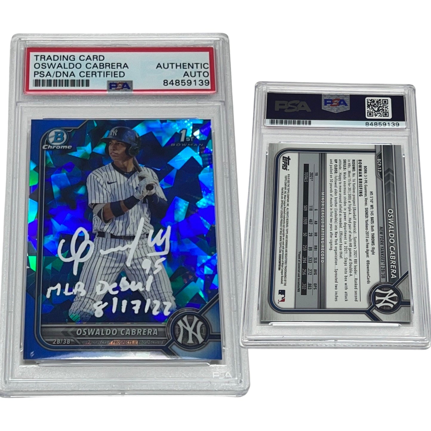 2022 Oswaldo Cabrera Bowman Chrome Sapphire 1st #BCP-17 Autographed MLB Debut 8/17/22 Inscription PSA Auto Authentic