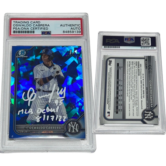 2022 Oswaldo Cabrera Bowman Chrome Sapphire 1st #BCP-17 Autographed MLB Debut 8/17/22 Inscription PSA Auto Authentic