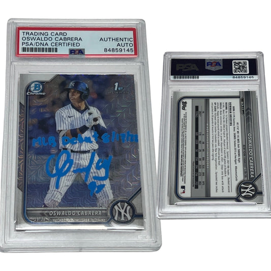 2022 Oswaldo Cabrera Bowman Chrome 1st Mojo Refractor #BCP-17 Autographed “MLB Debut 8/17/22” Inscription PSA Auto Authentic