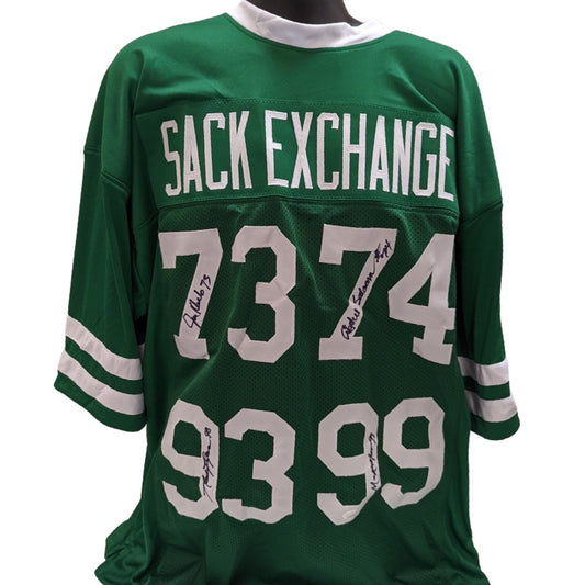 Mark Gastineau, Joe Klecko, Marty Lyons & Abdul Salaam Autographed New York Jets Sack Exchange Green Jersey JSA