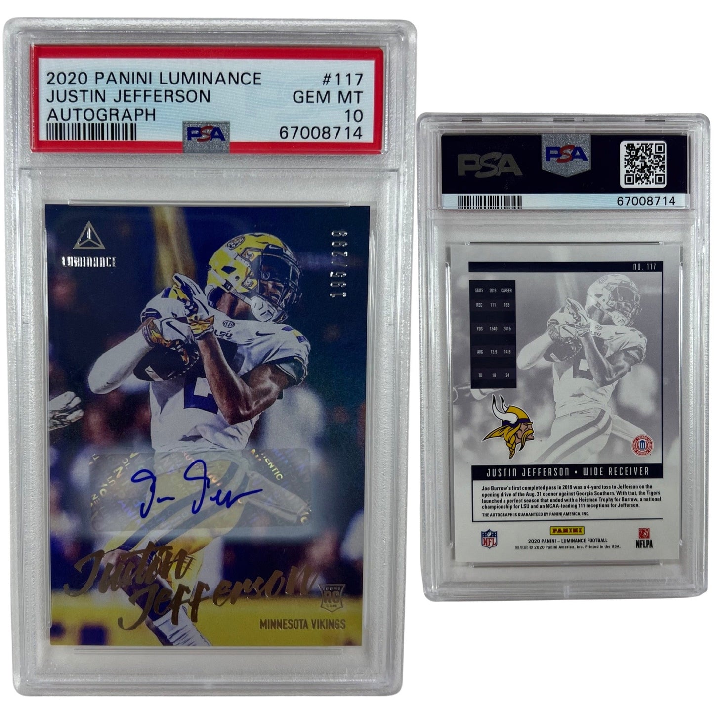 2020 Justin Jefferson Panini Luminance Rookie Card /299 #117 Autographed PSA GEM MT 10