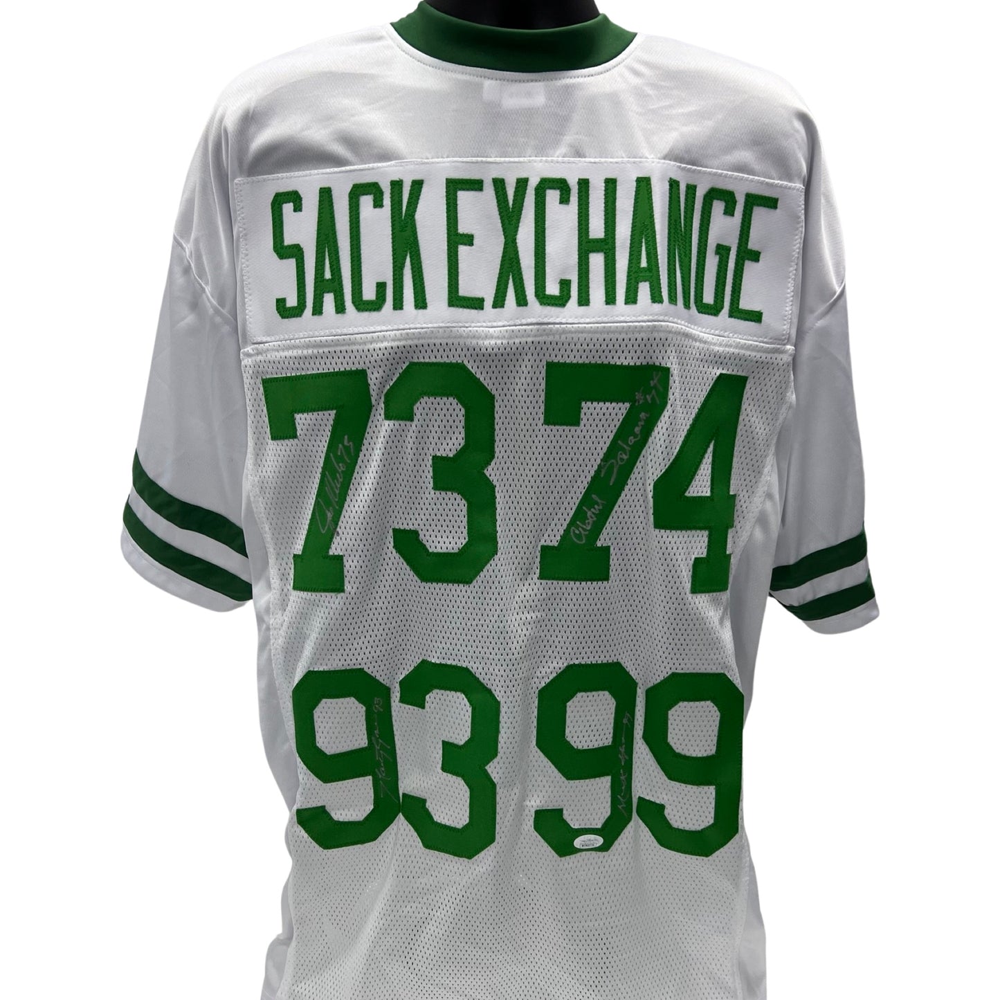Mark Gastineau, Joe Klecko, Marty Lyons & Abdul Salaam Autographed New York Jets Sack Exchange White Jersey JSA