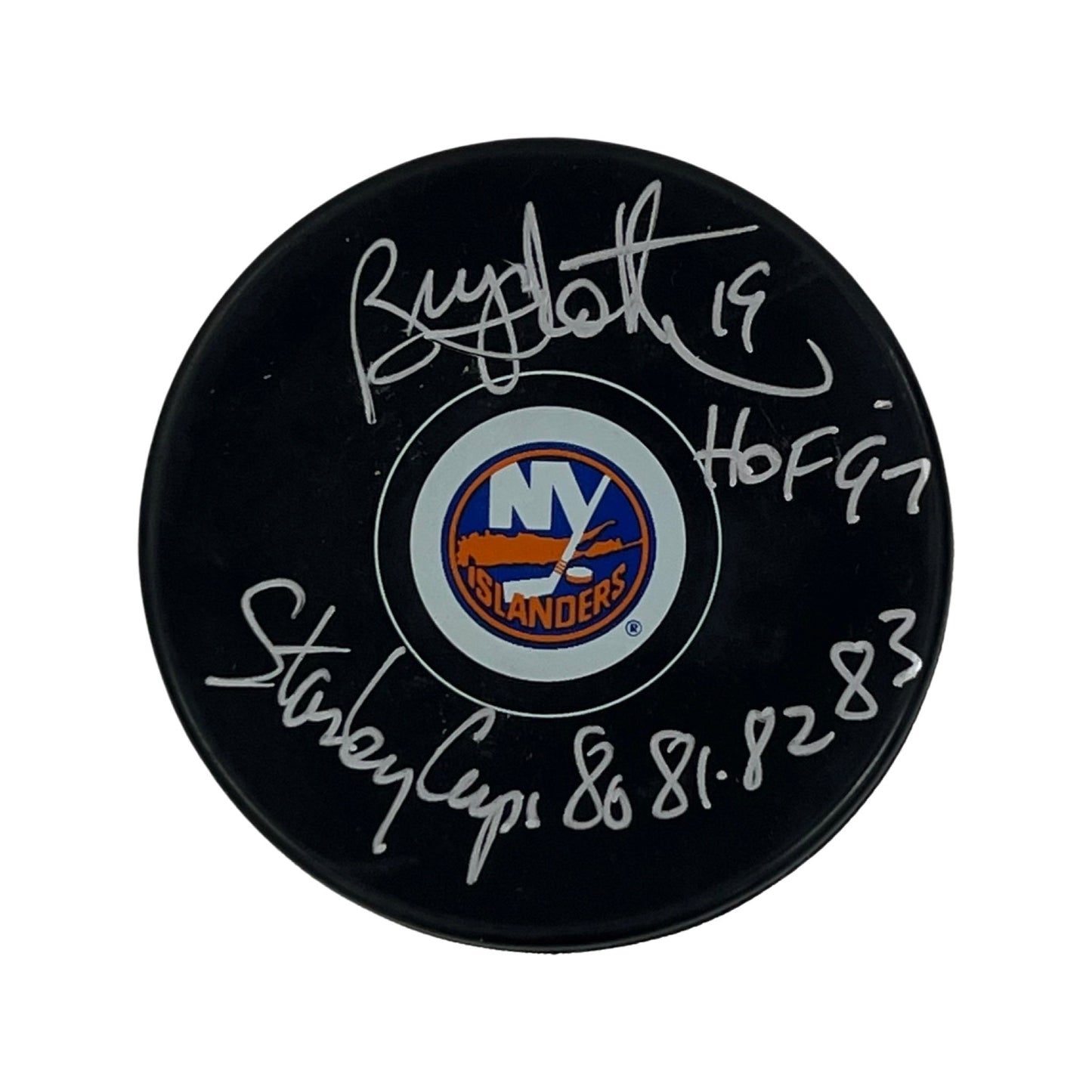 Bryan Trottier Autographed New York Islanders Replica Puck HOF 97, Stanley Cups 80, 81, 82, 83 Inscriptions Steiner CX