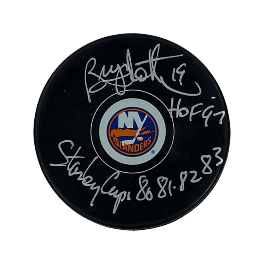 Bryan Trottier Autographed New York Islanders Replica Puck HOF 97, Stanley Cups 80, 81, 82, 83 Inscriptions Steiner CX