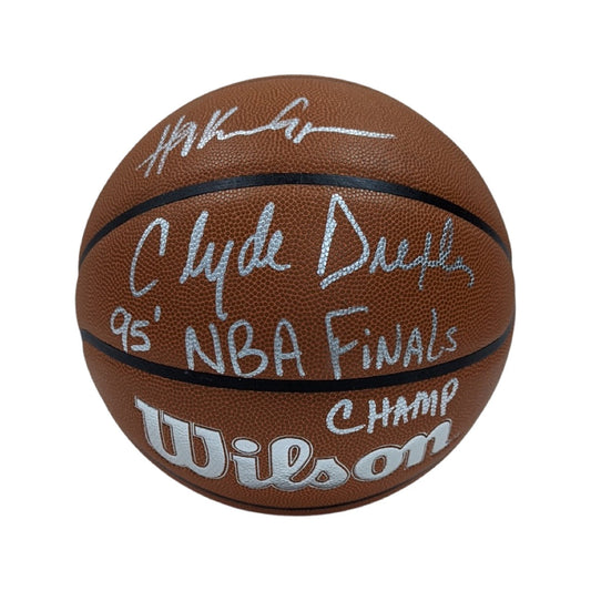 Hakeem Olajuwon & Clyde Drexler Autographed Houston Rockets Wilson NBA 75 Logo Basketball 95 NBA Finals Champ Inscription Steiner CX