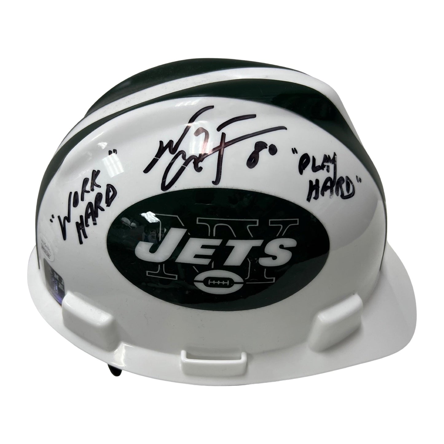 Wayne Chrebet Autographed New York Jets Hard Hat Work Hard Play Hard Inscription JSA