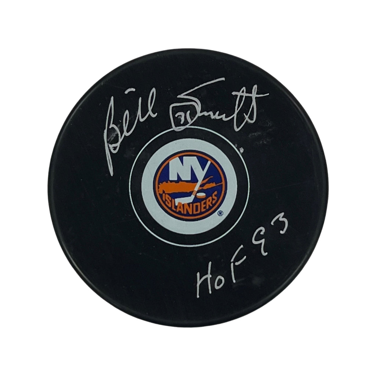 Billy Smith Autographed New York Islanders Replica Puck HOF 93 Inscription Steiner CX