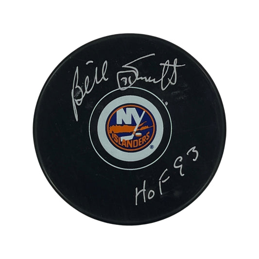 Billy Smith Autographed New York Islanders Replica Puck HOF 93 Inscription Steiner CX