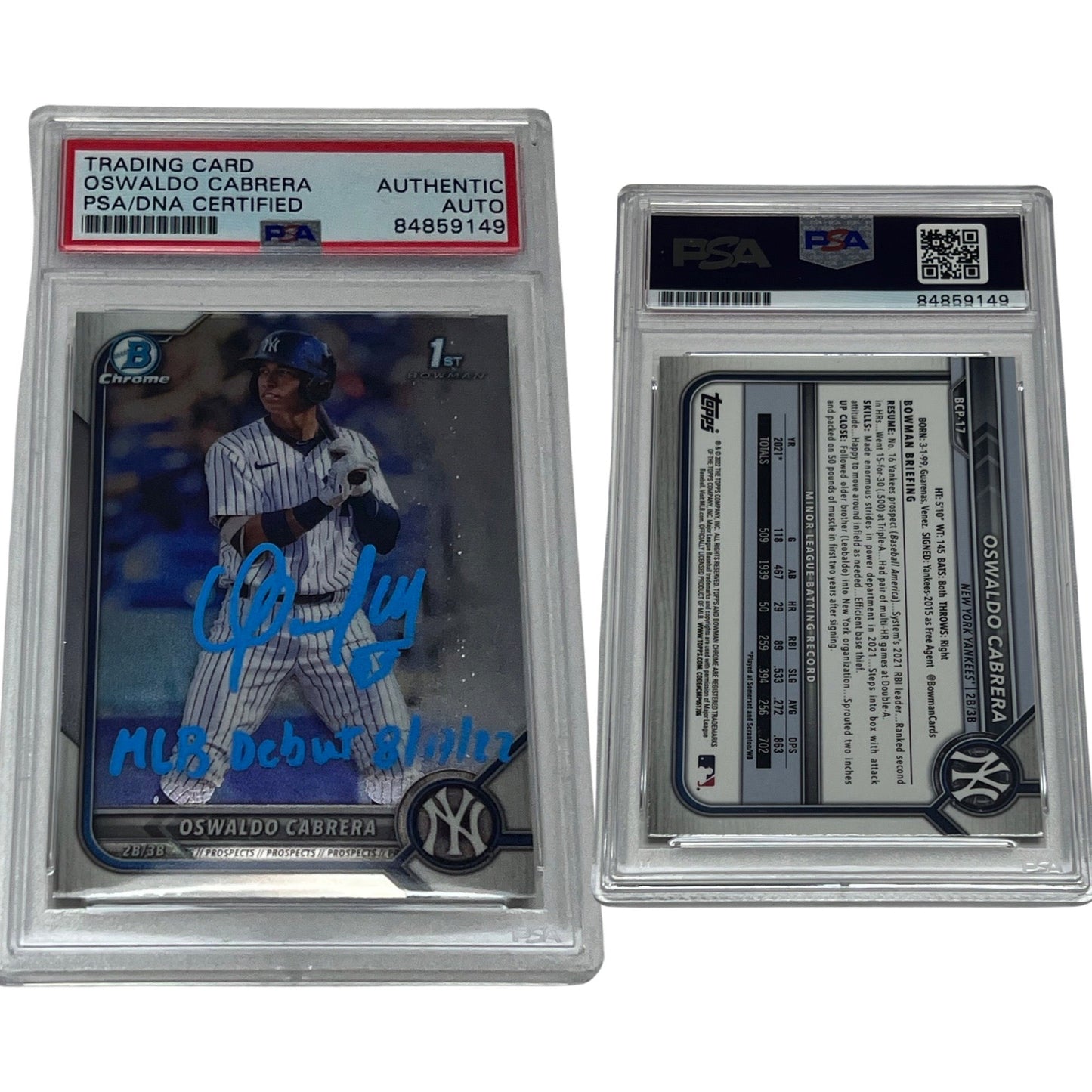 2022 Oswaldo Cabrera Bowman Chrome 1st #BCP-17 Autographed MLB Debut 8/17/22 Inscription PSA Auto Authentic