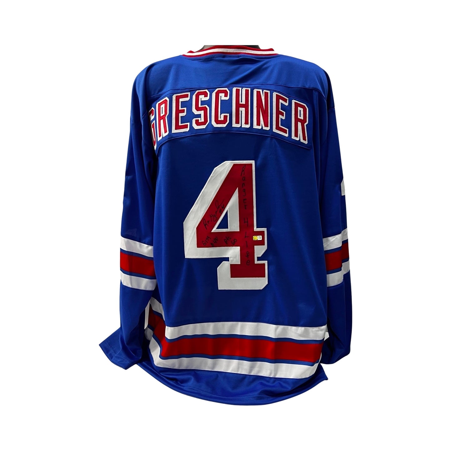 Ron Greschner Autographed New York Rangers Blue Jersey “Ranger 4 Life, G-179, A-431, Pts-610” Inscriptions Steiner CX