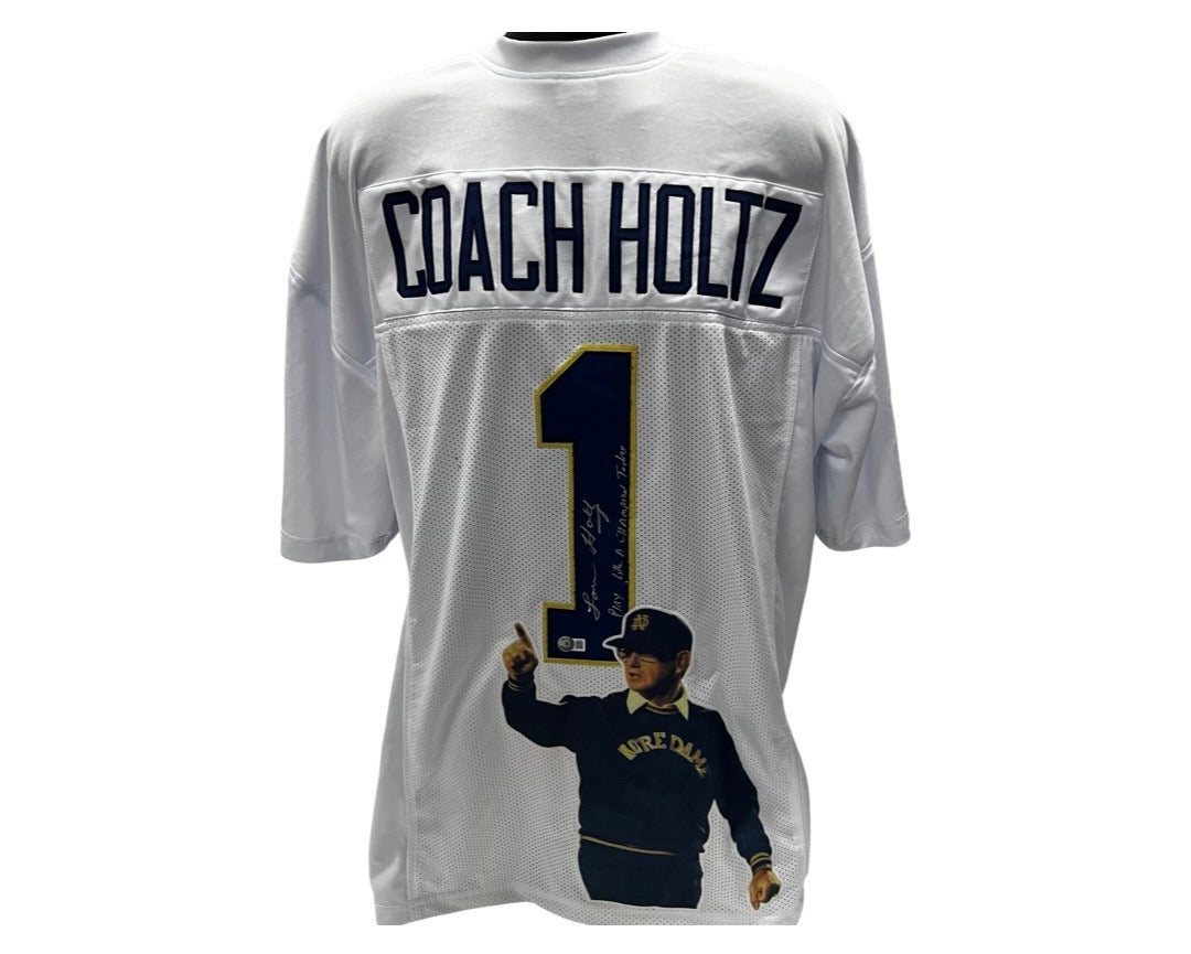 Lou Holtz Notre Dame Autographed "Coach Holtz #1" White Art Jersey Inscribed "Play like a champion today" Beckett