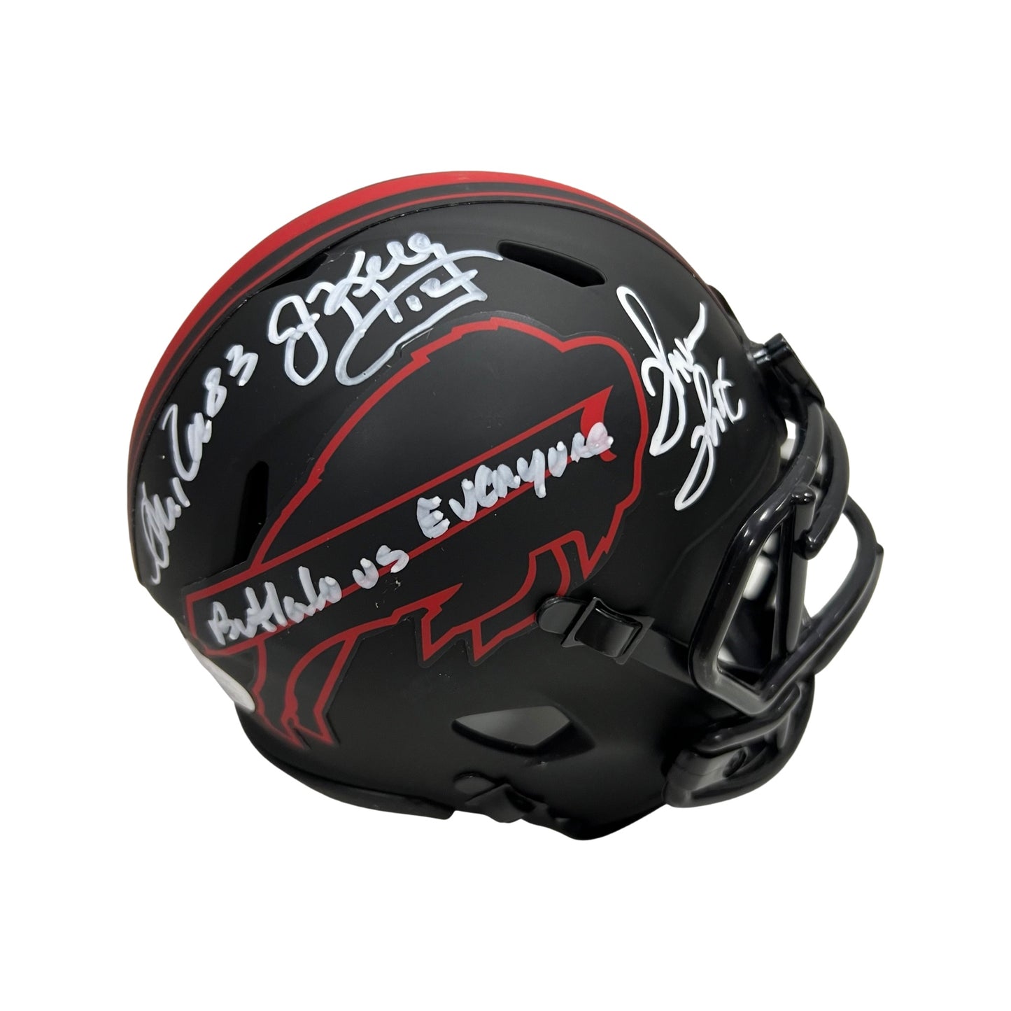 Jim Kelly, Thurman Thomas & Andre Reed Autographed Buffalo Bills Eclipse Mini Helmet “Buffalo vs Everyone” Inscription JSA
