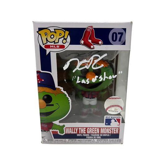 Dustin Pedroia Autographed Boston Red Sox Wally the Green Monster Funko Pop Laser Show Inscription Steiner CX