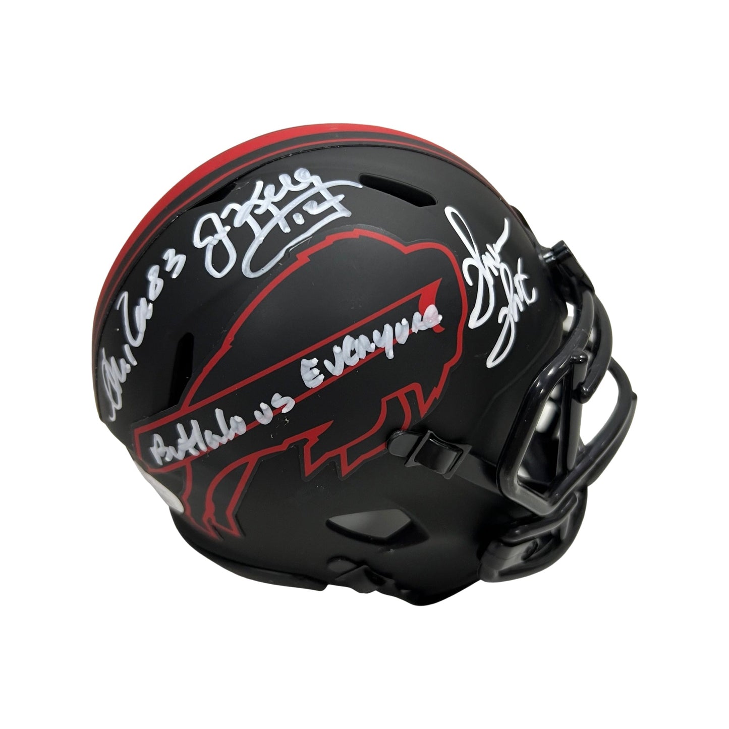 Jim Kelly, Thurman Thomas & Andre Reed Autographed Buffalo Bills Eclipse Mini Helmet Buffalo vs Everyone Inscription JSA