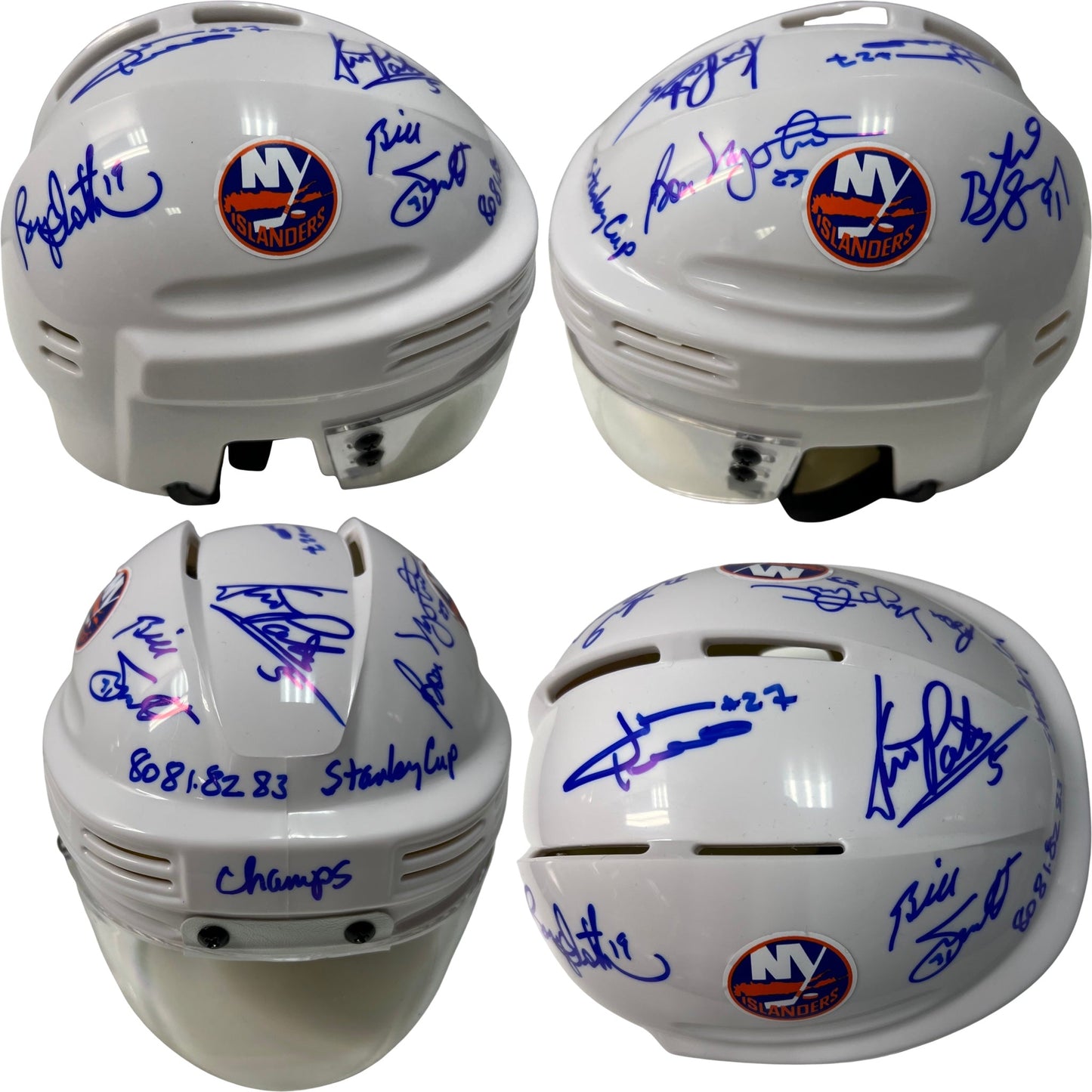 Billy Smith, Bryan Trottier, Denis Potvin, Bob Nystrom, Butch Goring & John Tonelli Autographed New York Islanders White Mini Helmet 80, 81, 82, 83 SC Champs Inscription Steiner CX
