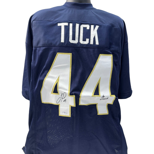 Justin Tuck Autographed Notre Dame Fighting Irish Blue Jersey “Go Irish” Inscription PSA