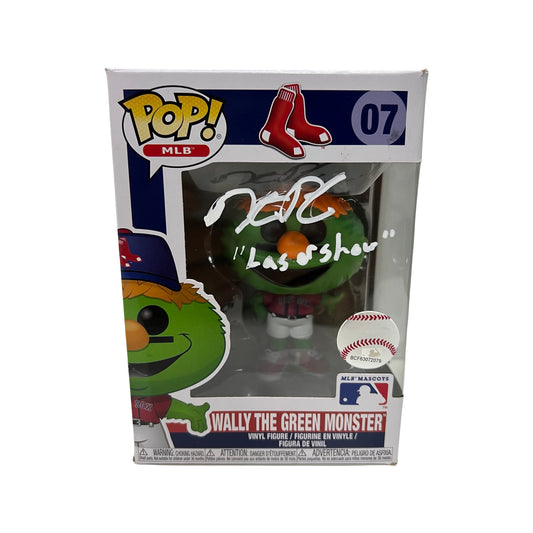 Dustin Pedroia Autographed Boston Red Sox Wally the Green Monster Funko Pop “Laser Show” Inscription Steiner CX