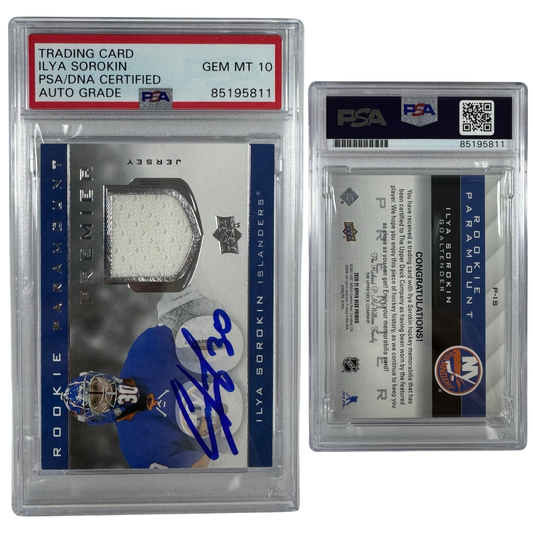 2020-21 Ilya Sorokin Autographed Upper Deck Rookie Paramount Premier Jersey Patch Relic #P-IS PSA Auto GEM MT 10