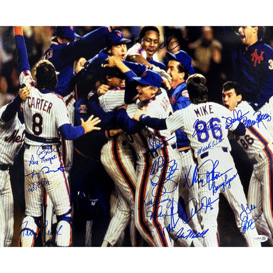 1986 New York Mets Team Autographed Team Hug Celebration Blue Ink DSX 16x20 Horizontal JSA