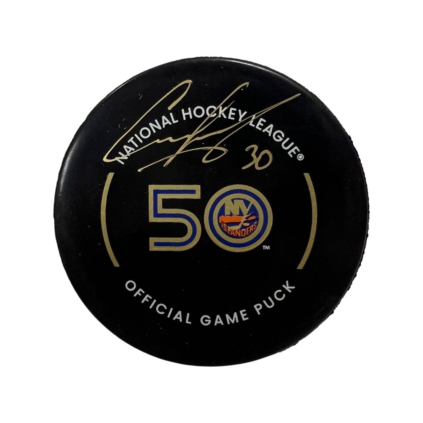 Ilya Sorokin Autographed New York Islanders 50th Anniversary Official Game Puck Gold Ink Beckett