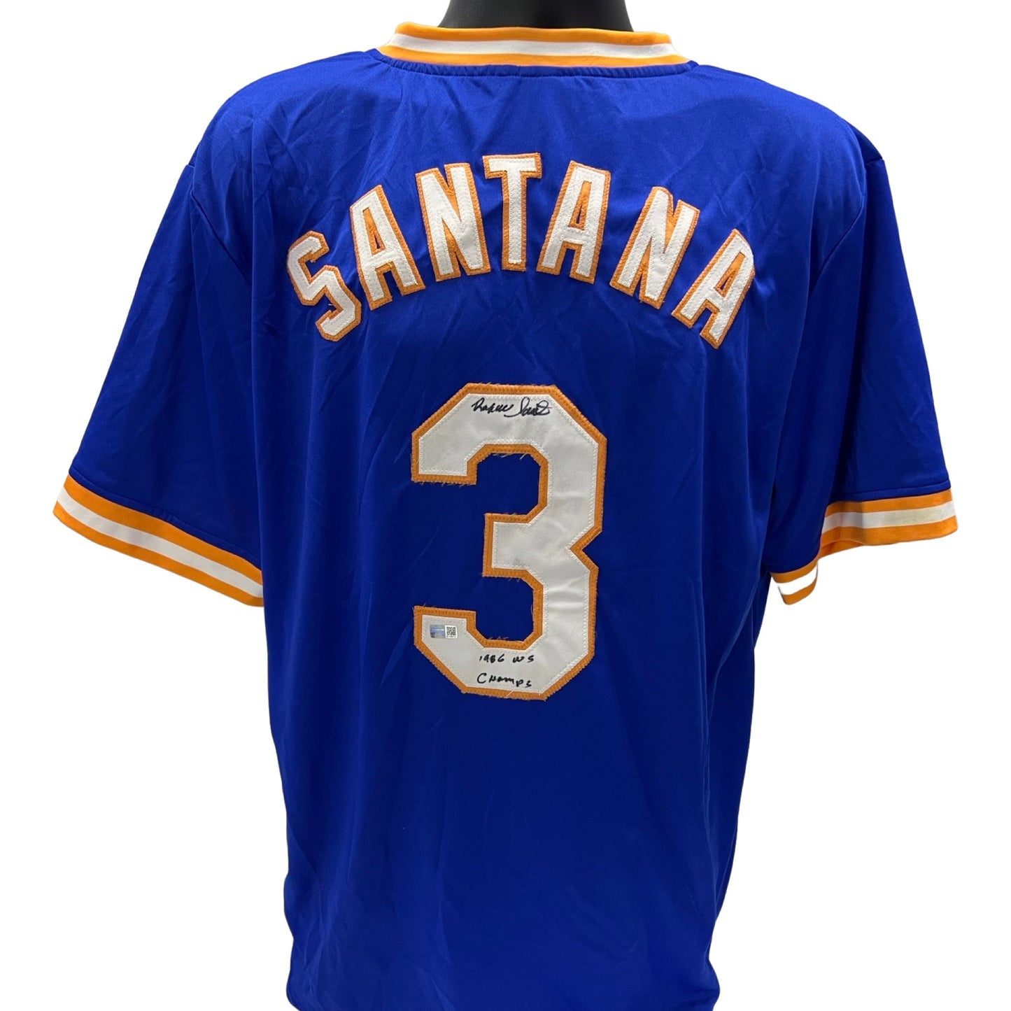 Rafael Santana Autographed New York Mets Blue Jersey 1986 WS Champs Inscription Steiner CX