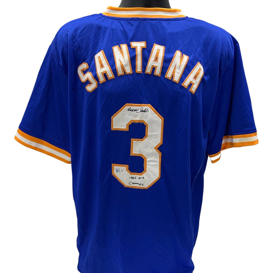 Rafael Santana Autographed New York Mets Blue Jersey 1986 WS Champs Inscription Steiner CX