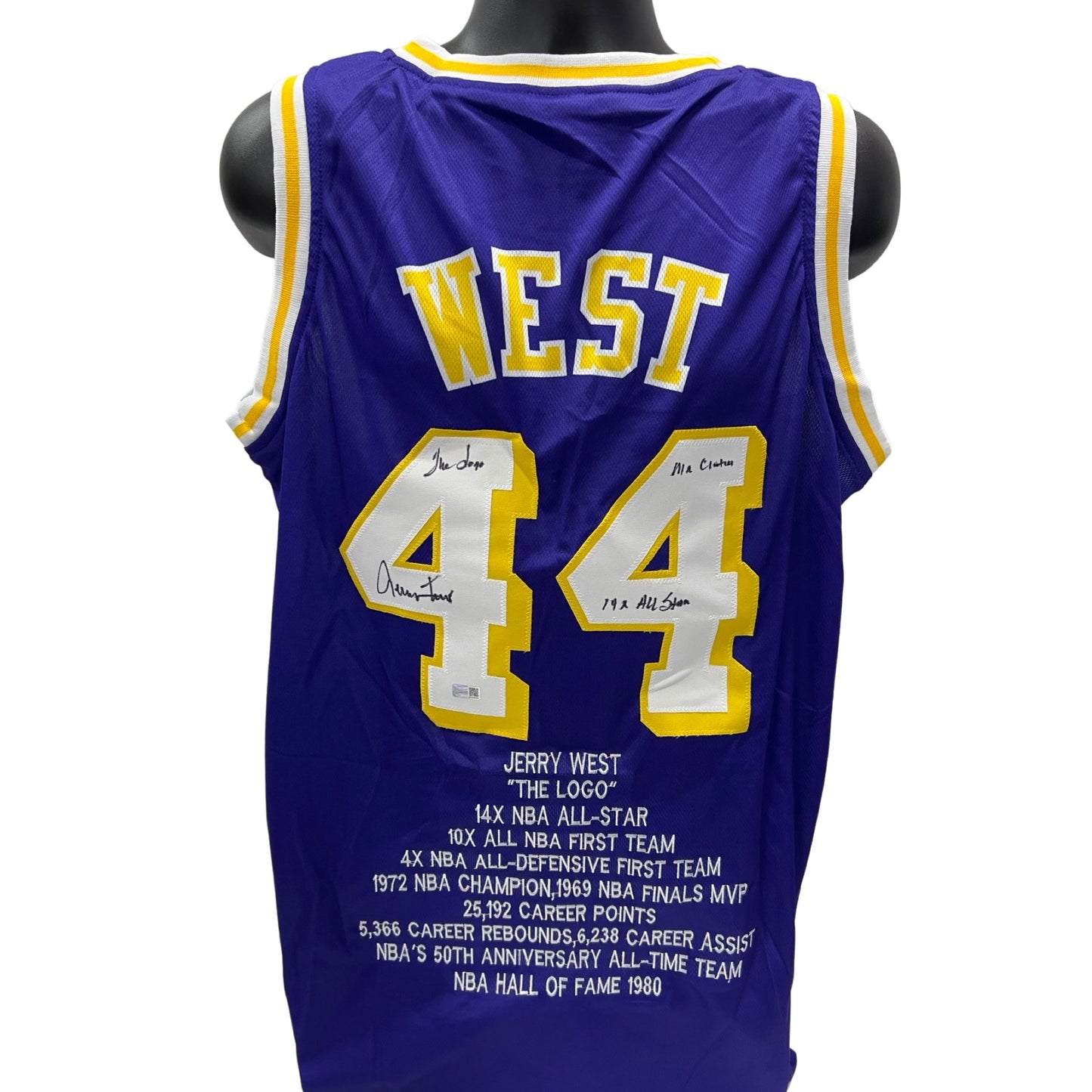 Jerry West Autographed Los Angeles Lakers Purple Stat Jersey The Logo, Mr Clutch, 14x All Star Inscriptions Steiner CX