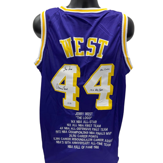 Jerry West Autographed Los Angeles Lakers Purple Stat Jersey The Logo, Mr Clutch, 14x All Star Inscriptions Steiner CX