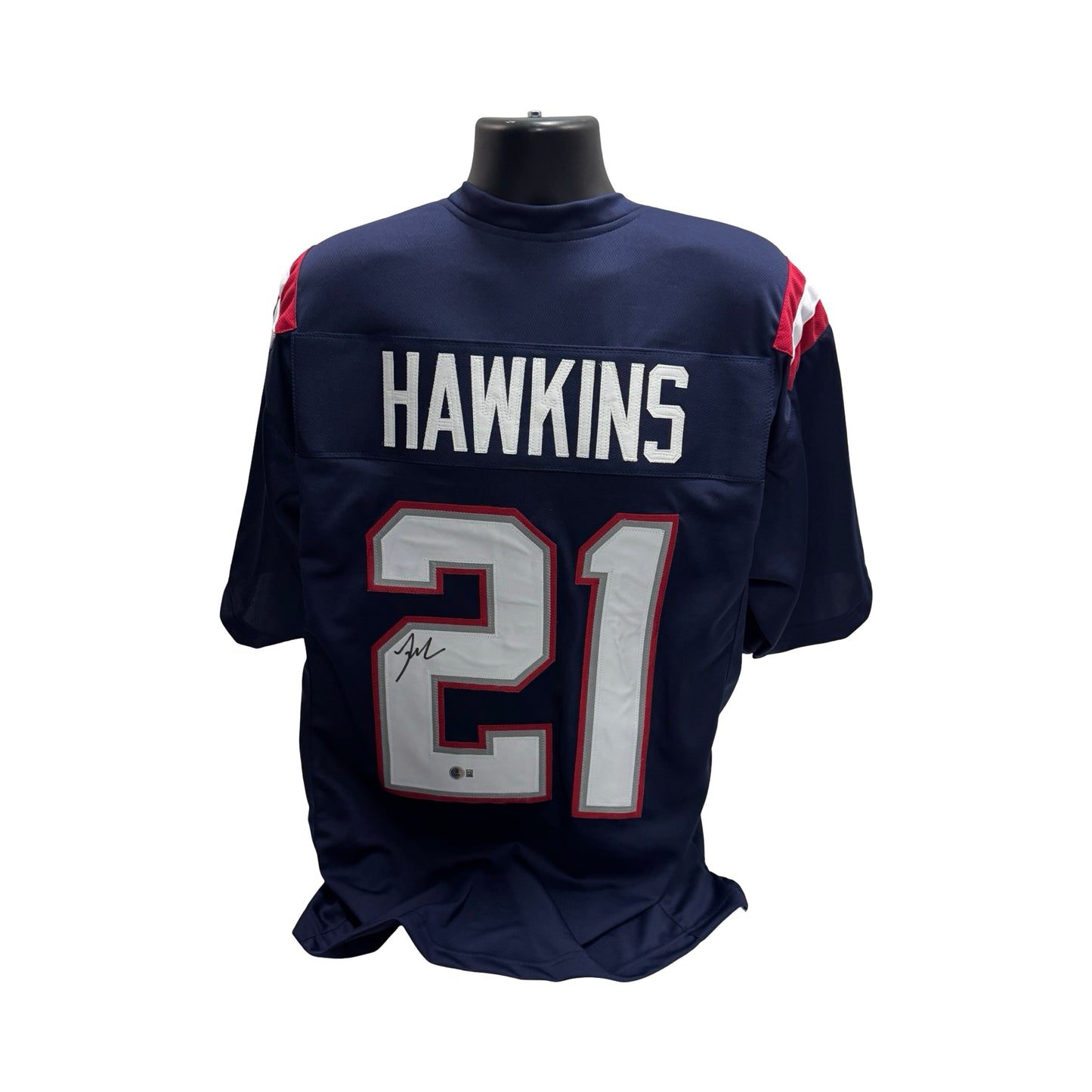 Jaylinn Hawkins Autographed New England Patriots Blue Jersey Beckett BAS