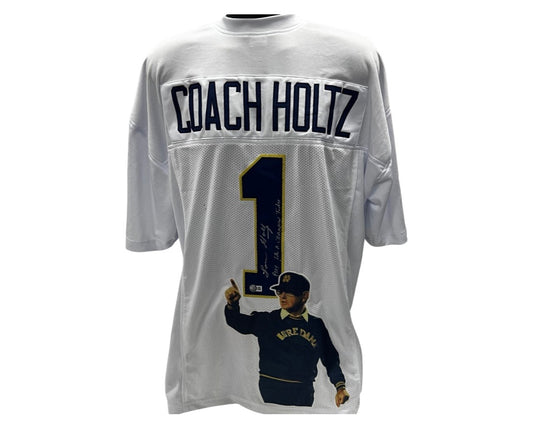 Lou Holtz Notre Dame Autographed White "Coach Holtz #1" Art Jersey Inscribed  "Play like a champion today" Beckett