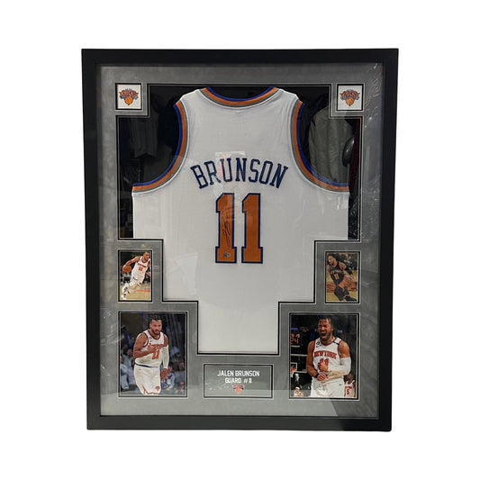 Jalen Brunson Autographed New York Knicks Framed White Jersey Grey Mat Steiner CX