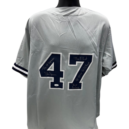 Shane Spencer Autographed New York Yankees Grey Jersey The HR Dispenser, The 3 Peat, 98, 99, 00 WS Champs, Bronx Bombers Inscriptions JSA